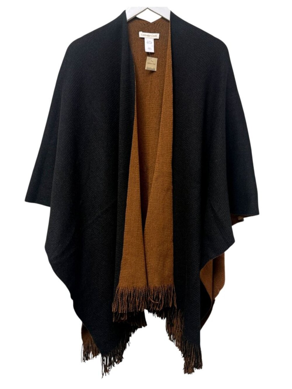 Coldwater Creek Knit Shawl Black Brown Ruana Fringe Poncho Womens Wrap NWT
